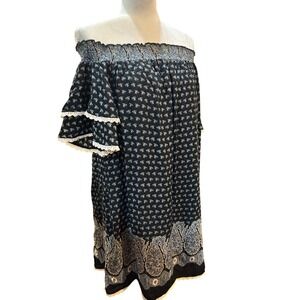 Listiele Off‎ Shoulder Mini Dress Size S Black White Blue Paisley Boho Bohemian